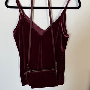 Velvet V-Neck Cami Tank Top and matching velvet purse in Burgundy